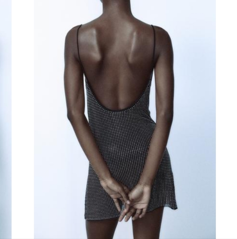 NWT ZARA BLACK TULLE RHINESTONE MINI DRESS - Picture 5 of 9